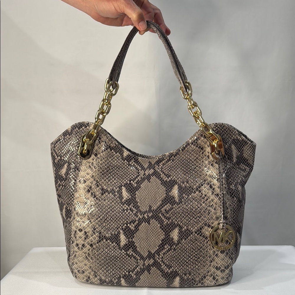 Michael Kors Lilly Chain Python Inspired Leather Jet Set Shoulder Bag-Dark Sand - Picture 3 of 10